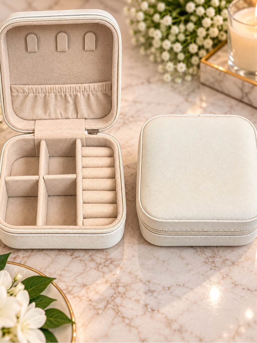 Travel Jewelry Organizer Case Ring Earring Necklace Storage - Cream